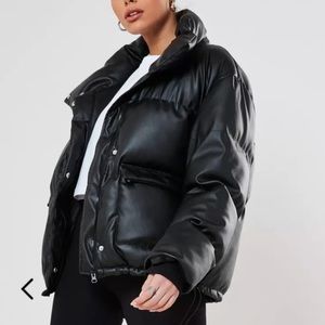 Oversized Black Faux Leather Puffer Jacket